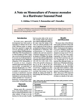 A note on monoculture of Penaeus monodon in a hardwater seasonal pond