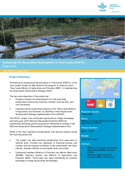 Partnership for Aquaculture Development in Timor-Leste (PADTL). Project brief July 2018 to August 2019