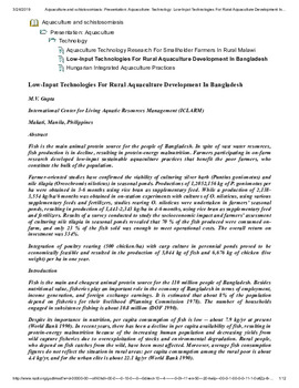 Low input technologies for rural aquaculture development in Bangladesh