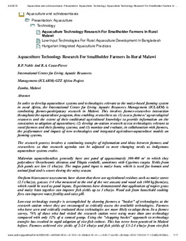 Aquaculture technology research for smallholder farmers in rural malawi