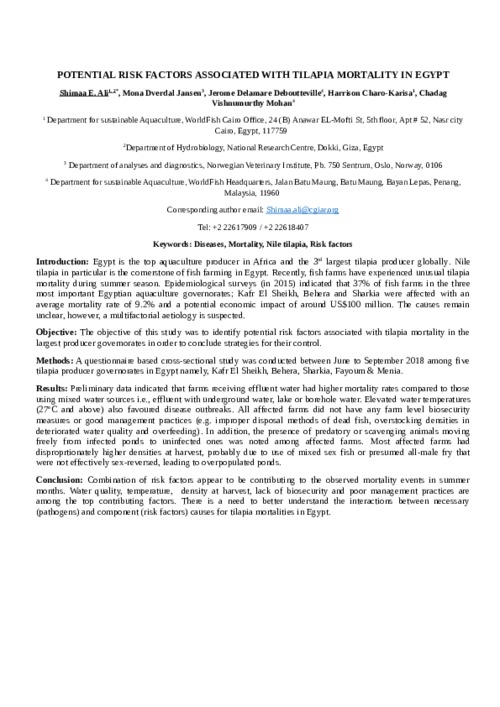 Potential risk factors associated with tilapia mortality in Egypt