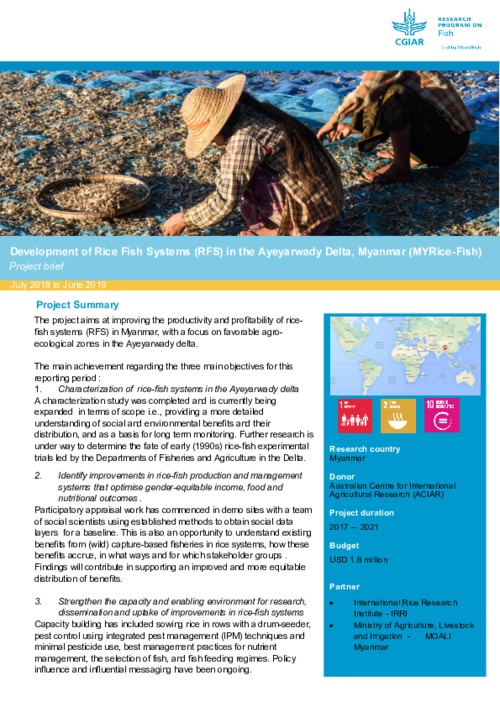 Development of Rice Fish Systems (RFS) in the Ayeyarwady Delta, Myanmar (MYRice-Fish): Project brief July 2018 to June 2019