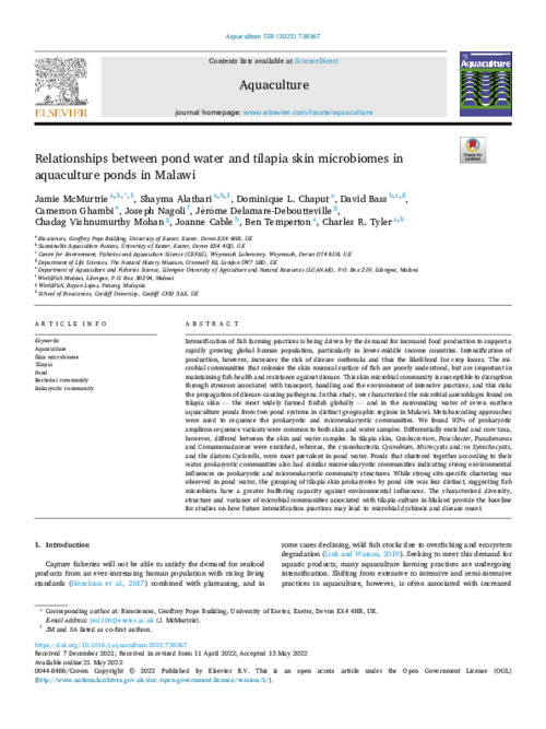 Relationships between pond water and tilapia skin microbiomes in aquaculture ponds in Malawi