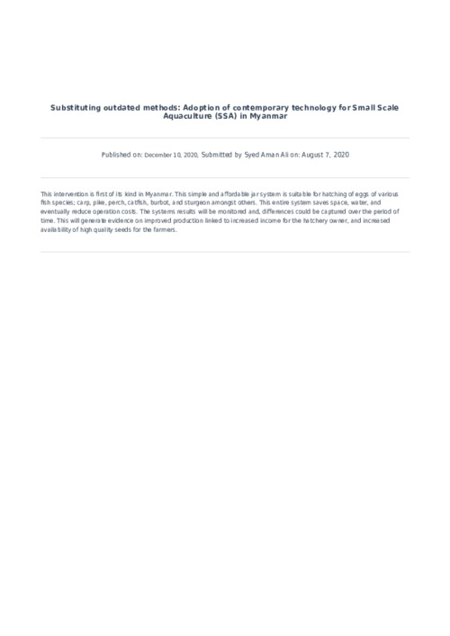 Substituting outdated methods: Adoption of contemporary technology for Small Scale Aquaculture (SSA) in Myanmar