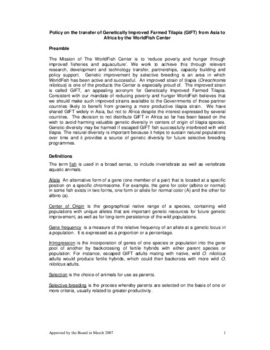 Policy on the transfer of genetically improved Farm Tilapia (GIFT) from Asia to Africa by the WorldFish Center