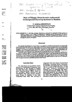 Role of tilapia (Oreochromis andersonii) in integrated farming systems in Zambia