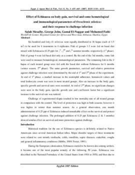 Effect of Echinacea on body gain, survival and some hematological and immunological parameters of Oreochrmis niloticus and their response to challenge infection