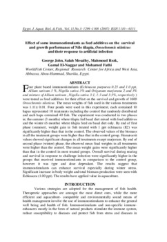 Effect of some immunostimulants as feed additives on the survival and growth performance of Nile tilapia, Oreochromis niloticus and their response to artificial infection