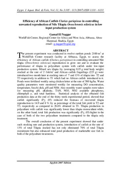 Efficiency of African catfish Clarias gariepinus in controlling unwanted reproduction of Nile tilapia Oreochromis niloticus in low input production system