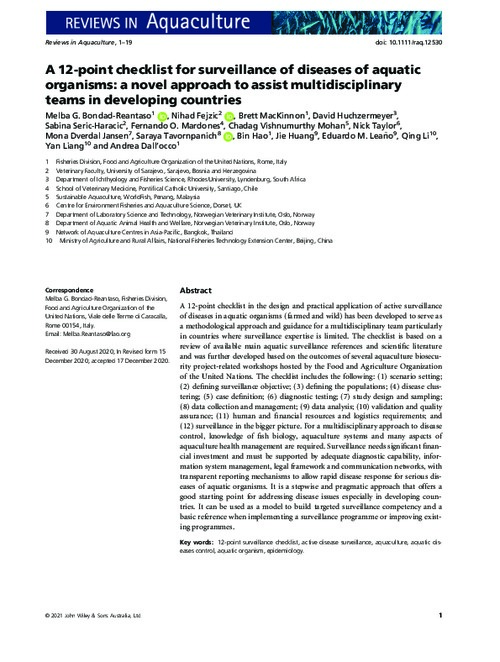A 12-point checklist for surveillance of diseases of aquatic organisms: a novel approach to assist multidisciplinary teams in developing countries
