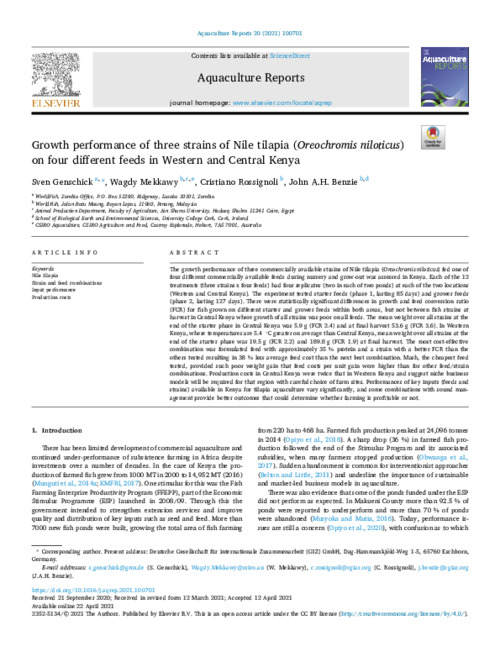 Growth performance of three strains of Nile tilapia (Oreochromis niloticus) on four different feeds in Western and Central Kenya