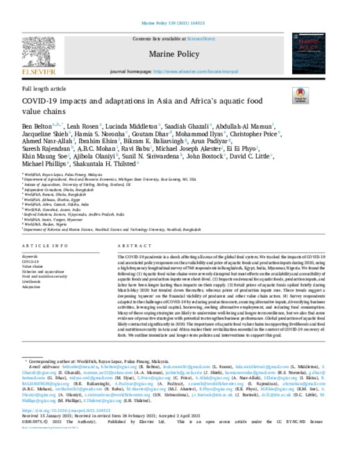 COVID-19 impacts and adaptations in Asia and Africa’s aquatic food value chains