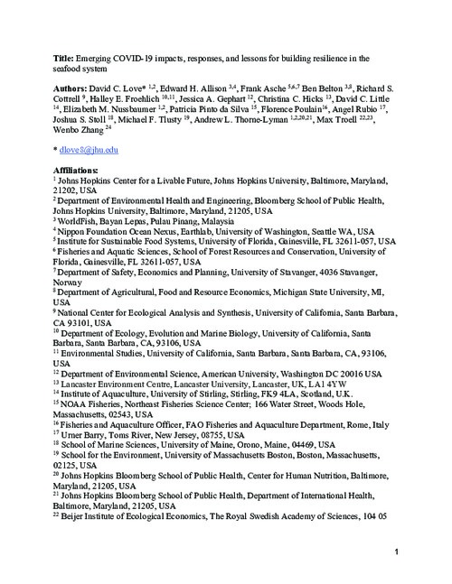 Emerging COVID-19 impacts, responses, and lessons for building resilience in the seafood system
