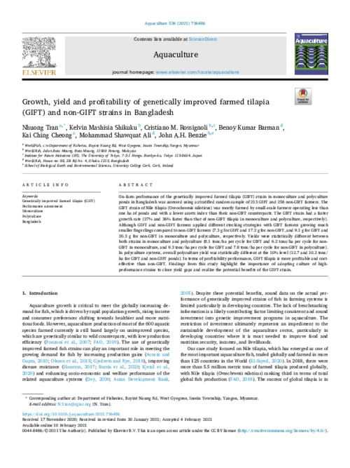 Growth, yield and profitability of genetically improved farmed tilapia (GIFT) and non-GIFT strains in Bangladesh