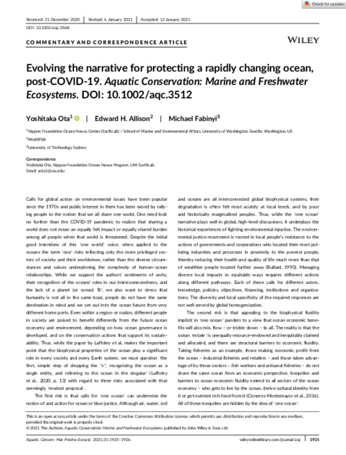 Evolving the narrative for protecting a rapidly changing ocean, post-COVID-19. Aquatic Conservation: Marine and Freshwater Ecosystems.