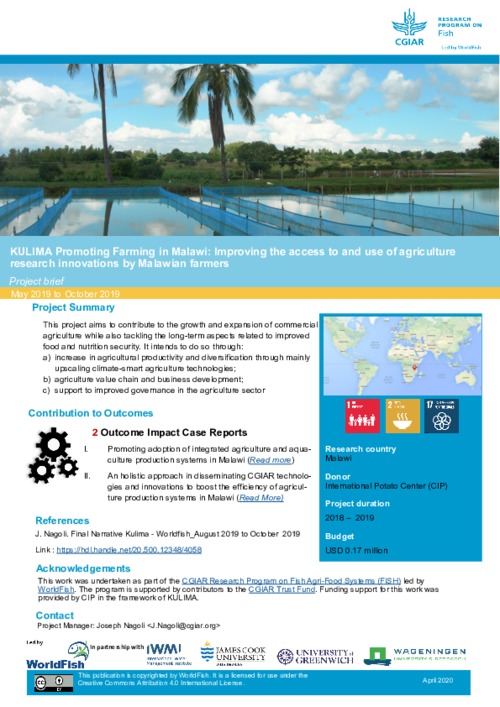 KULIMA Promoting Farming in Malawi: Improving the access to and use of agriculture research innovations by Malawian farmers: Project brief May 2019 to October 2019