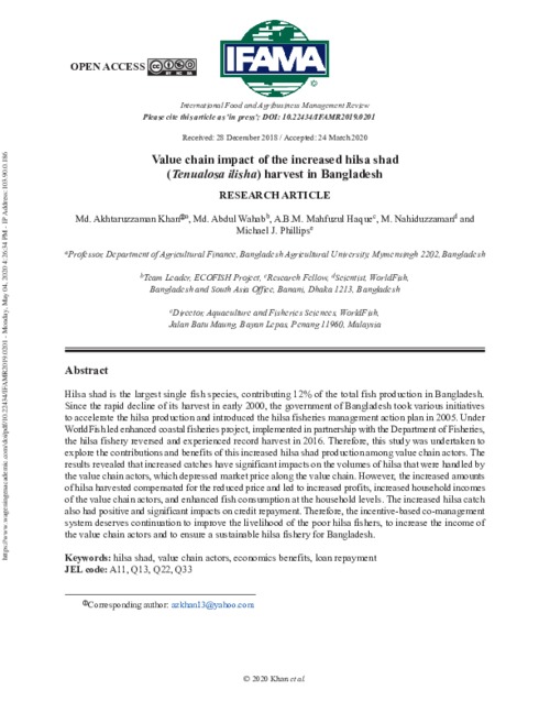 Value chain impact of the increased hilsa shad (Tenualosa ilisha) harvest in Bangladesh