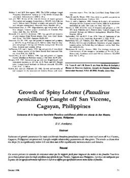 Growth of spiny lobster (Panulirus penicillatus) caught off San Vicente, Cagayan, Philippines