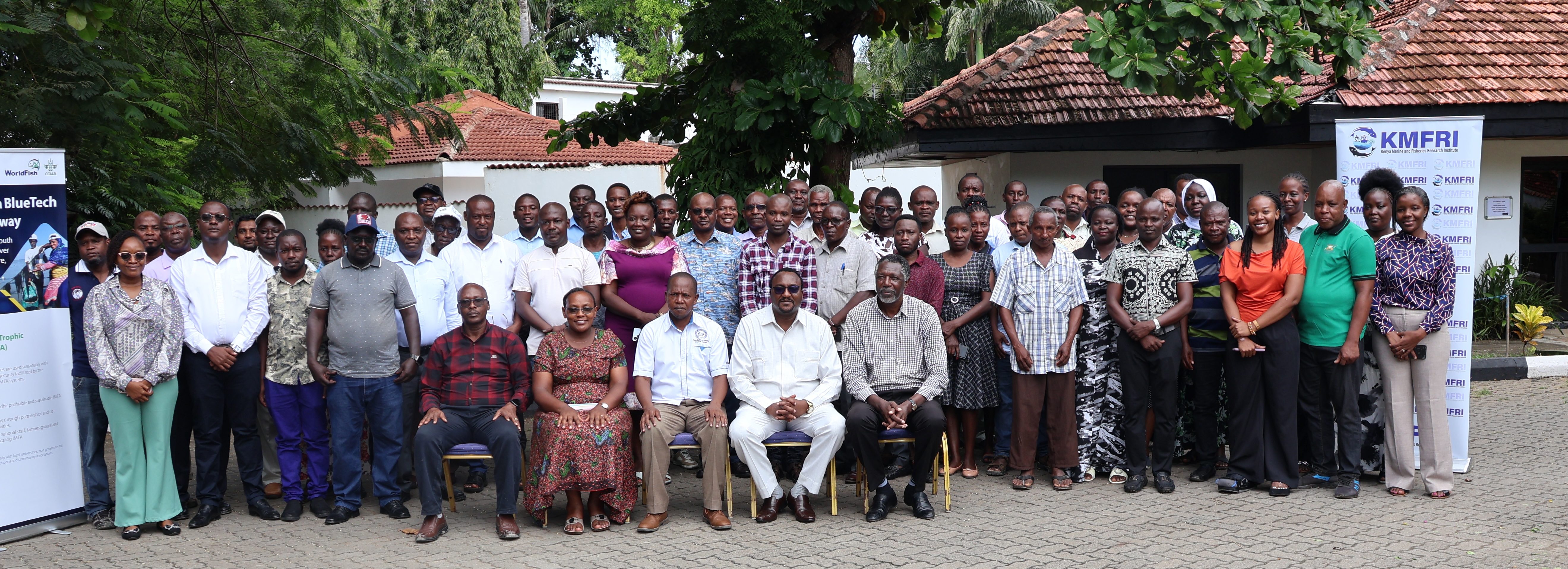Participants gather for a group photo during the AABS End-of-Year 3 Dissemination Workshop on integrated multi-trophic aquaculture in Kenya, held at Cocoa Beach Hotel in Nyali, Mombasa. Photo: David Midumbi.