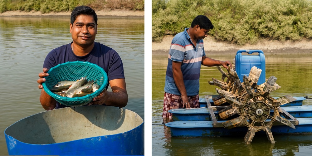 Amit Joarder shows G3 rohu fingerlings and prepares aerators in his pond in southern Bangladesh. Photo: Harun Or Rashid/WorldFish