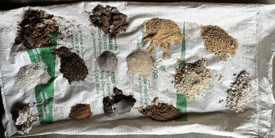 Fish feed ingredients at Segglo Global Venture Nig. Ltd. in Ibadan, Oyo State, Nigeria, where locally available inputs are being used to produce aquaculture feeds. Photo: NAGI Consultancy