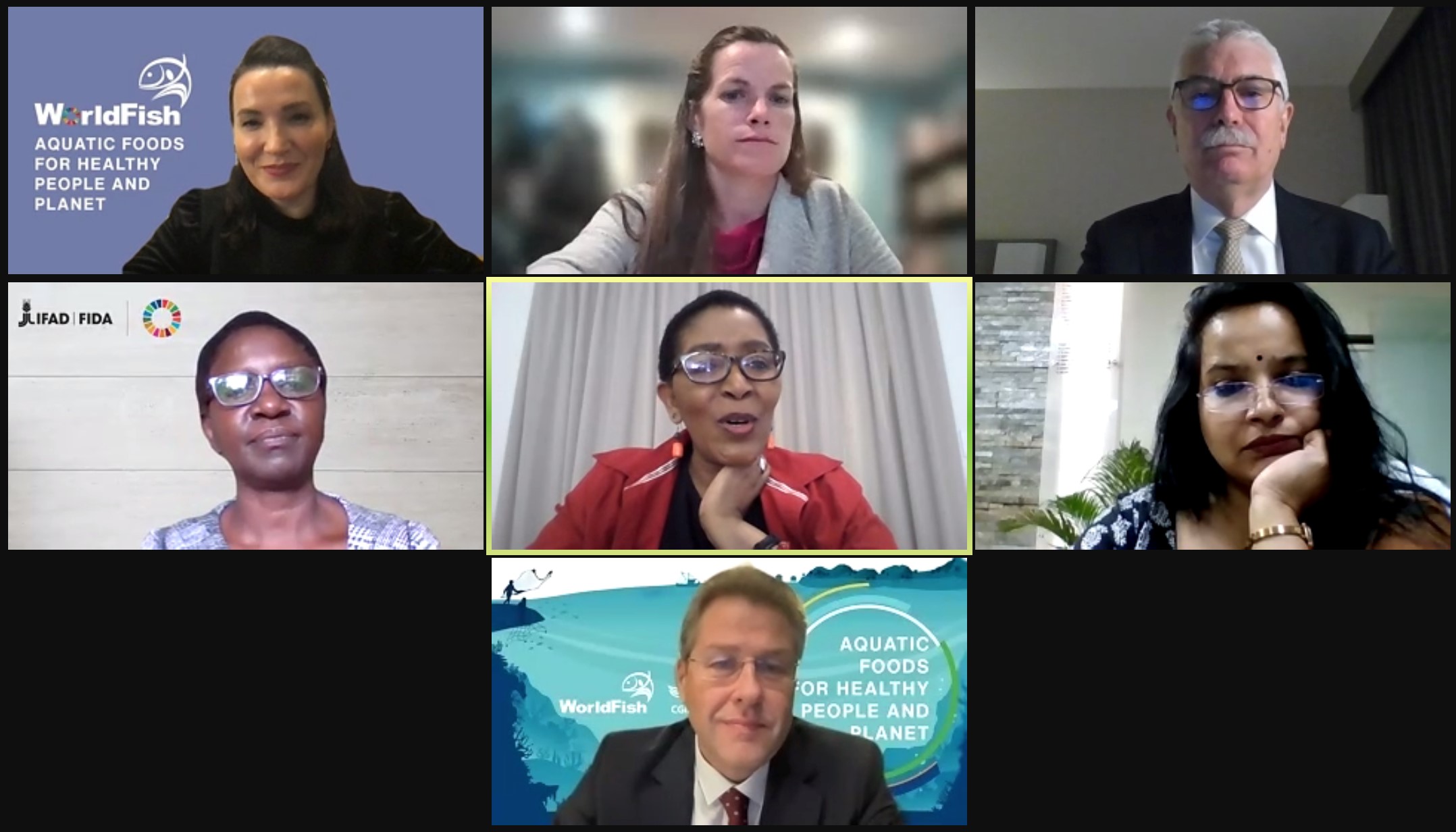 Government representatives and development funders convened at WorldFish’s Borlaug Dialogue side event to promote aquatic foods in the global food systems research, investment and policy agenda. Photo is screenshot of virtual proceedings.