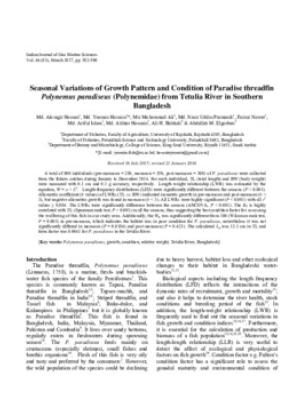 Seasonal variations of growth pattern and condition of Paradise threadfin Polynemus paradiseus (Polynemidae) from Tetulia River in Southern Bangladesh