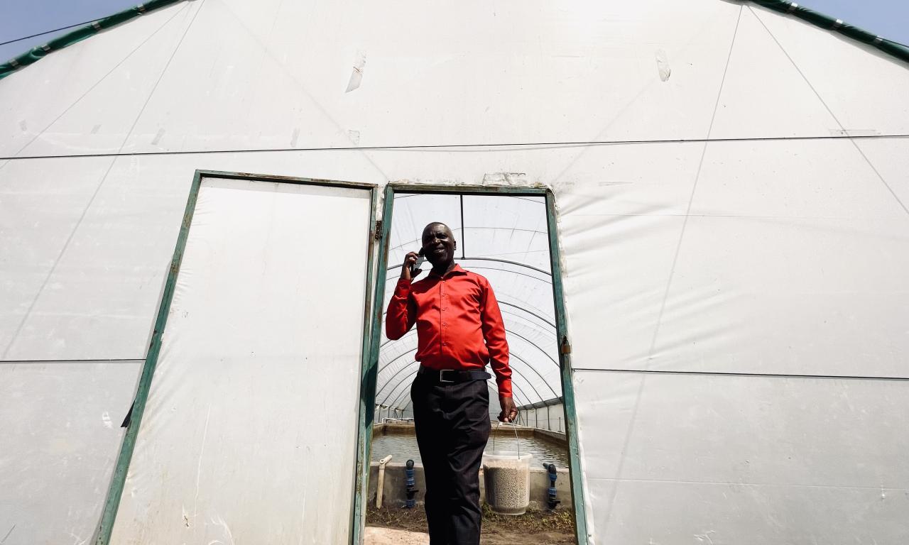 Wilbroad Musanshi at his farm in Mansa, Zambia, where integrated fish ponds support climate-smart aquaculture and diversified farming.